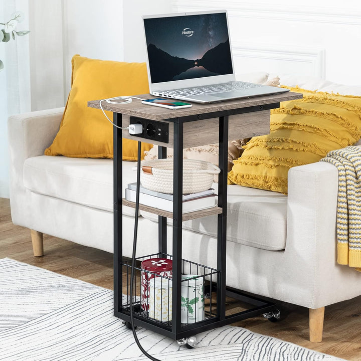 HOOBRO Beistelltisch mit Ladestation, Flip C-Form Sofatisch, Couchtisch mit Rädern und Ablagefläche,