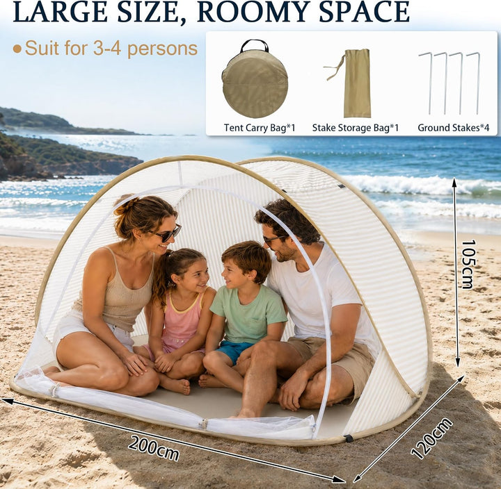 Strandmuschel Pop Up – Grosses, Tragbares Strandzelt für 3-4 Personen, Automatischer Aufbau, Sonnens