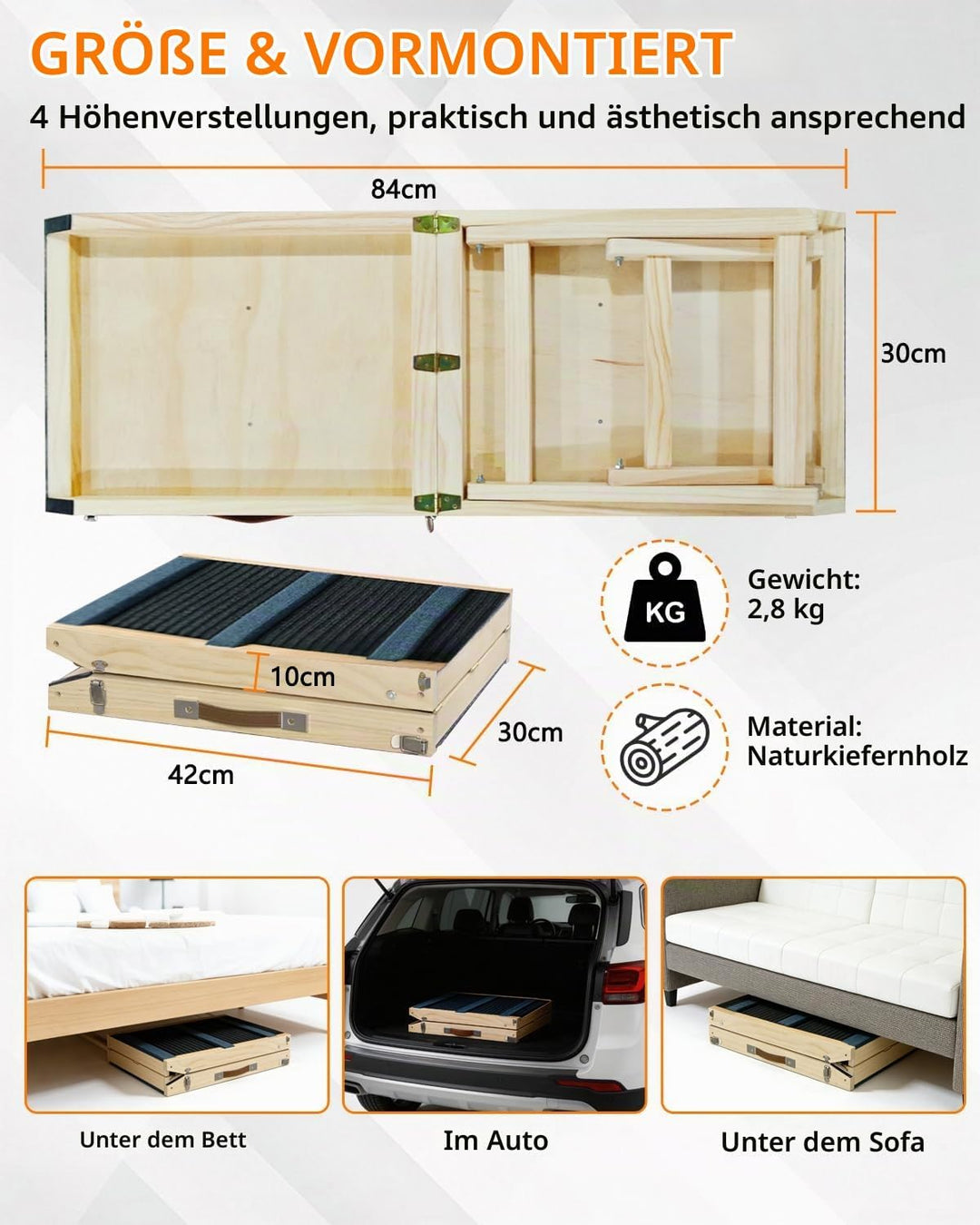 Hunderampe aus Holz, Hundetreppe Hunderampe Klappbar für Sofa, Bett oder Auto, 4-stufig höhenverstel