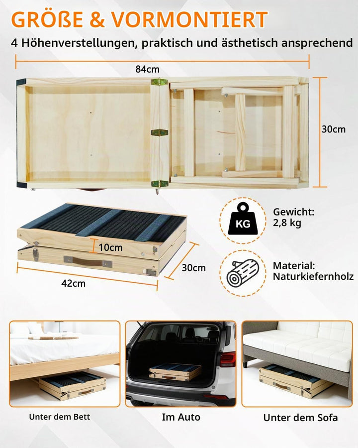 Hunderampe aus Holz, Hundetreppe Hunderampe Klappbar für Sofa, Bett oder Auto, 4-stufig höhenverstel