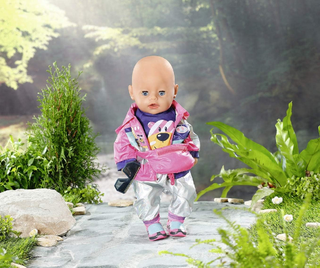 BABY born Zapf Creation 830031 Deluxe Fahrrad Set für 43cm Puppen mit rosa Jacke, lila Shirt, Silber