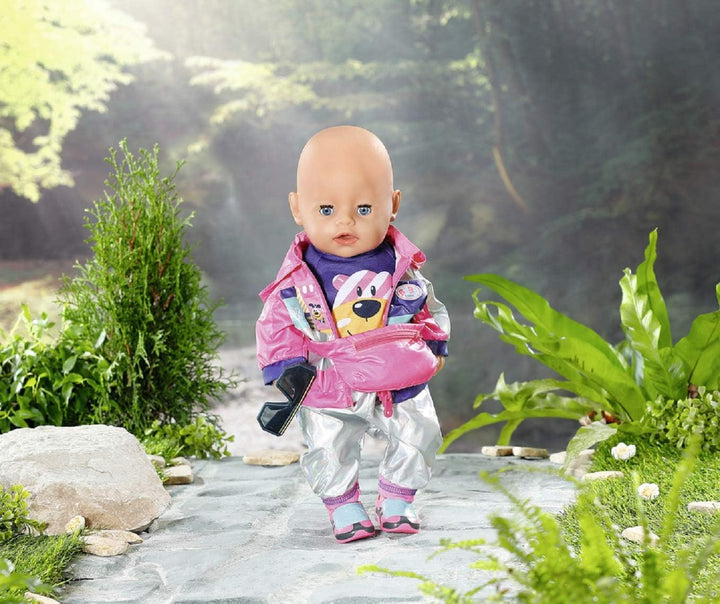 BABY born Zapf Creation 830031 Deluxe Fahrrad Set für 43cm Puppen mit rosa Jacke, lila Shirt, Silber