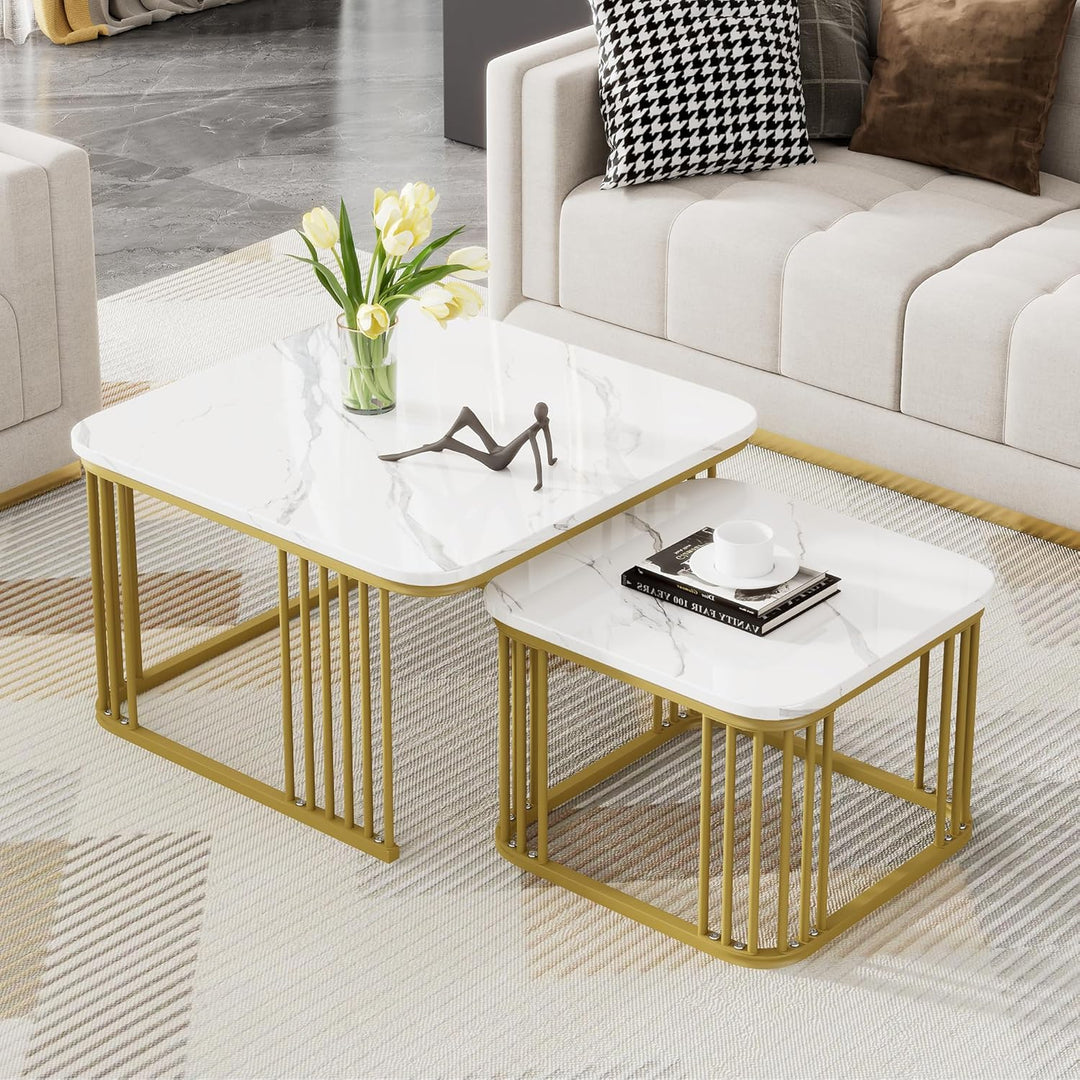 Merax Quadratisch Couchtisch 2er Set, Moderne Wohnzimmertisch mit Marmor Furnier, Hochglanz Satztisc