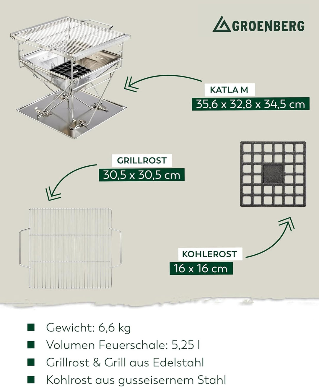 Groenberg Katla Mobiler Faltbarer Camping Holzkohl Grill zum Mitehmen, inklusive Tragetasche, Grösse