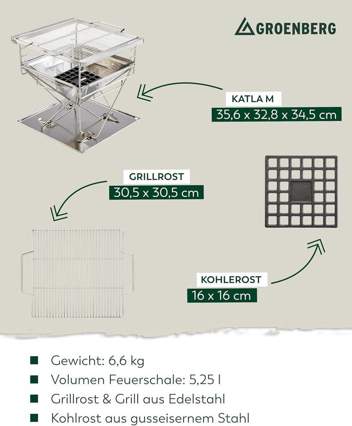 Groenberg Katla Mobiler Faltbarer Camping Holzkohl Grill zum Mitehmen, inklusive Tragetasche, Grösse