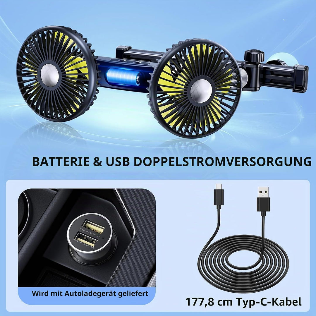 Akku-Ventilator für Auto-Rücksitz mit einziehbarem langem Arm, [Geschenk-Kfz-Ladegerät &amp; USB-C-Kabel