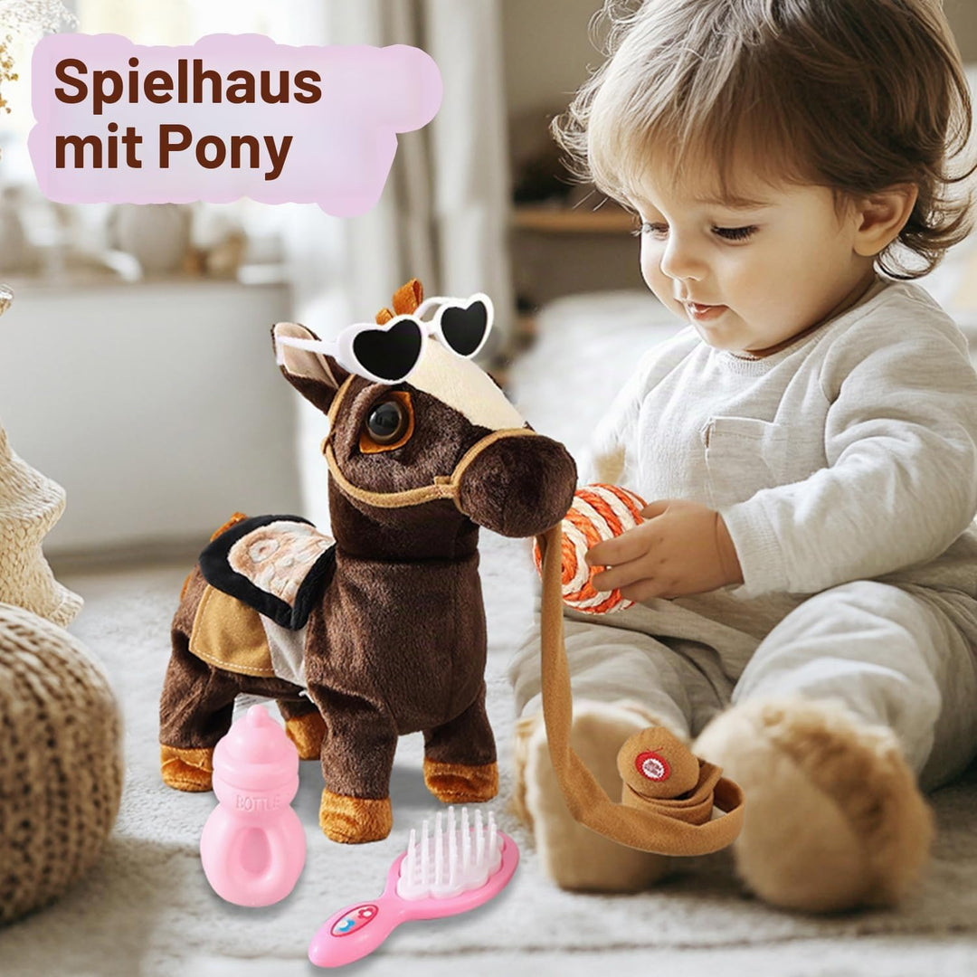 Marsjoy Schwarz Plüschtier Interaktives Spielzeug Pony der Läuft und Bellt, Kinder Mädchen Spielzeug