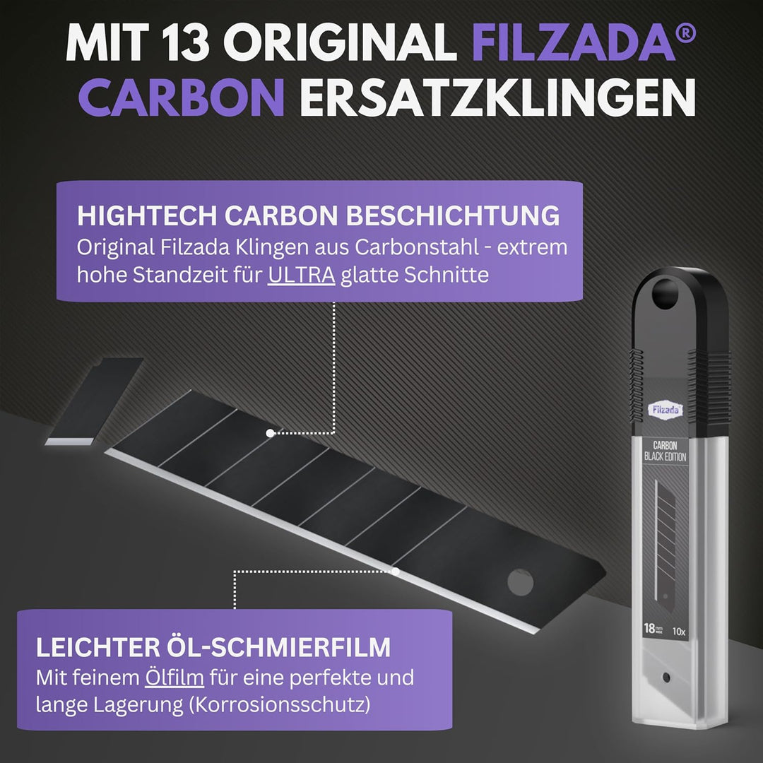 Filzada ® 3x Cuttermesser Profi inkl. 13x Carbonstahl Klingen BLACK - Cuttermesser 18mm - Robustes T