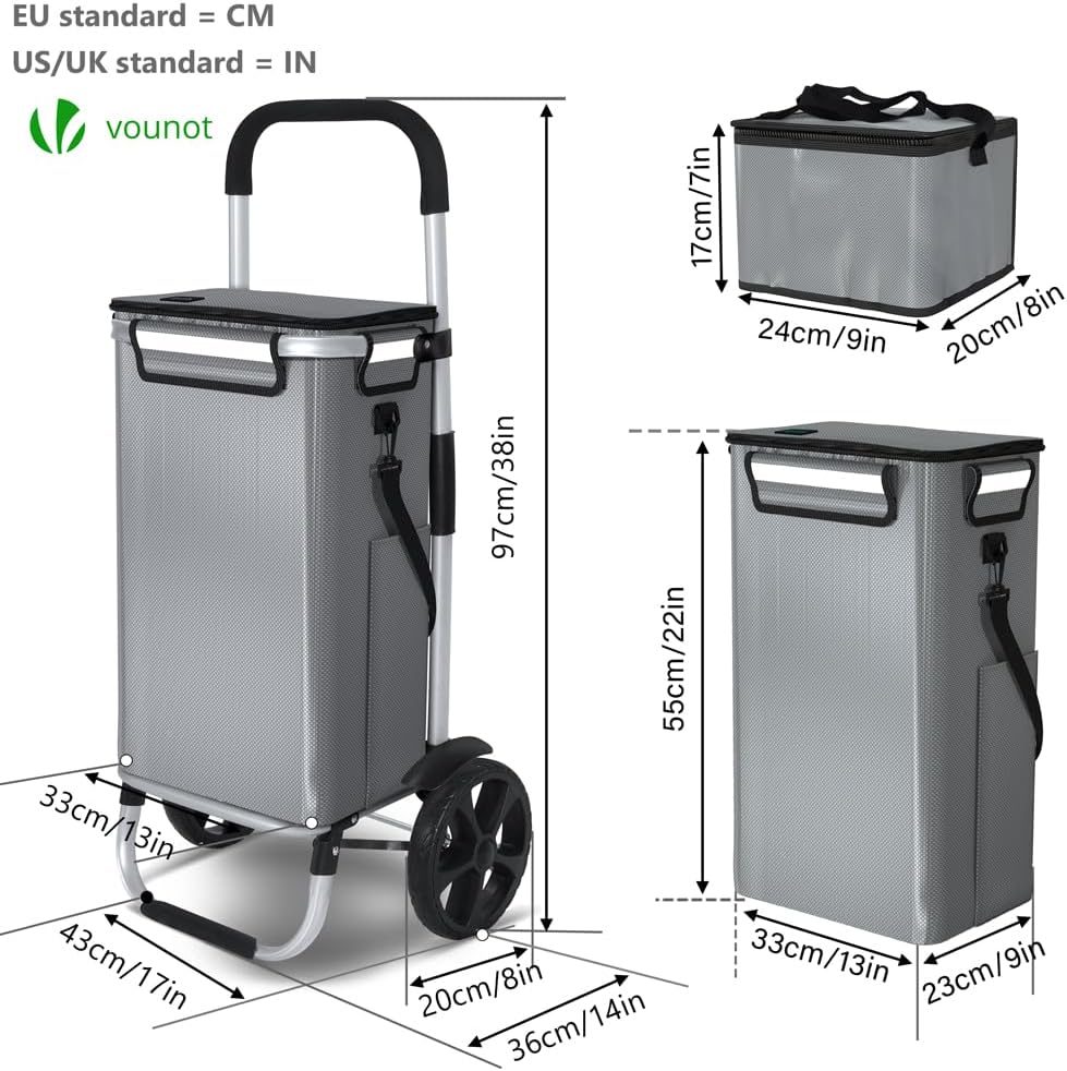 VOUNOT Einkaufstrolley Klappbar aus Aluminium mit 50L Wasserdichter Tasche und Kühlfach, 2 Extra gro