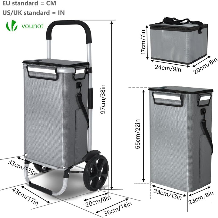 VOUNOT Einkaufstrolley Klappbar aus Aluminium mit 50L Wasserdichter Tasche und Kühlfach, 2 Extra gro