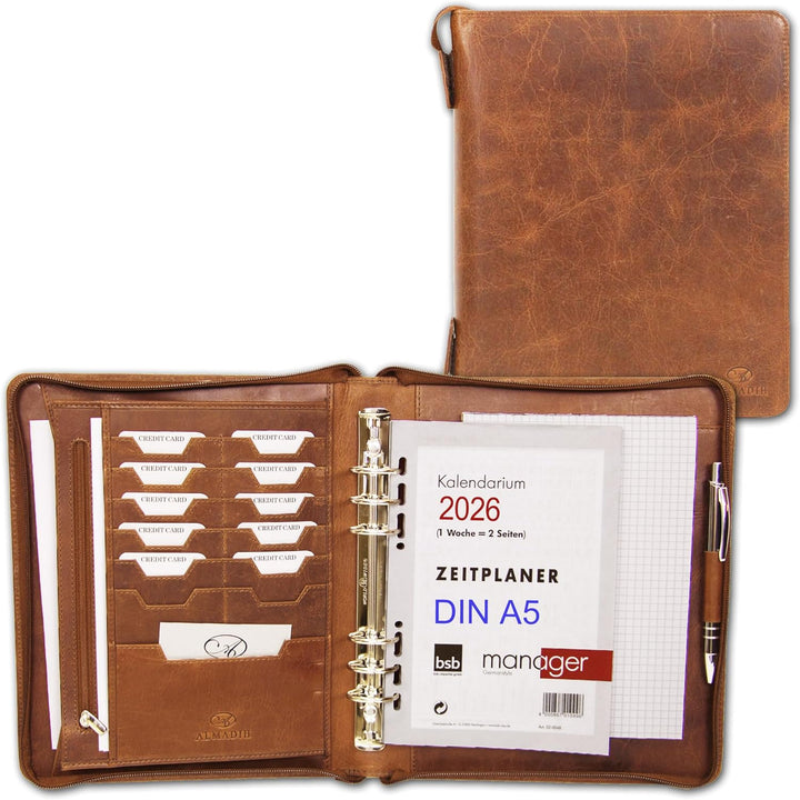 ALMADIH Leder A5 Organizer Ringmechanik Reissverschluss Kalender 2024 Schreibblock Premium Rindslede