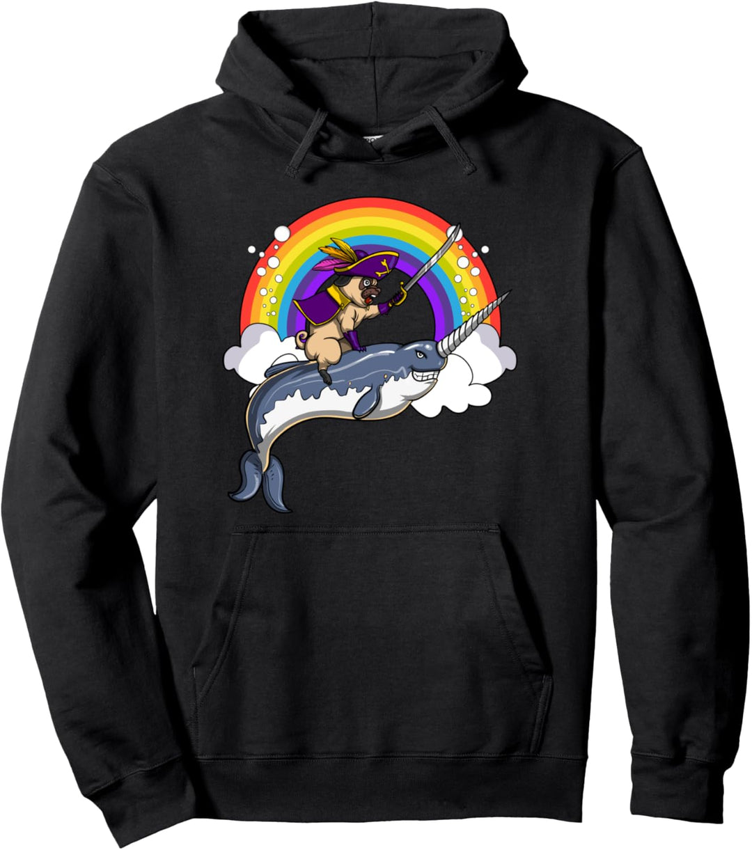 Mops Hund Pirat Reitet Auf Narwal Fisch Ozean Kinder Jungen Pullover Hoodie