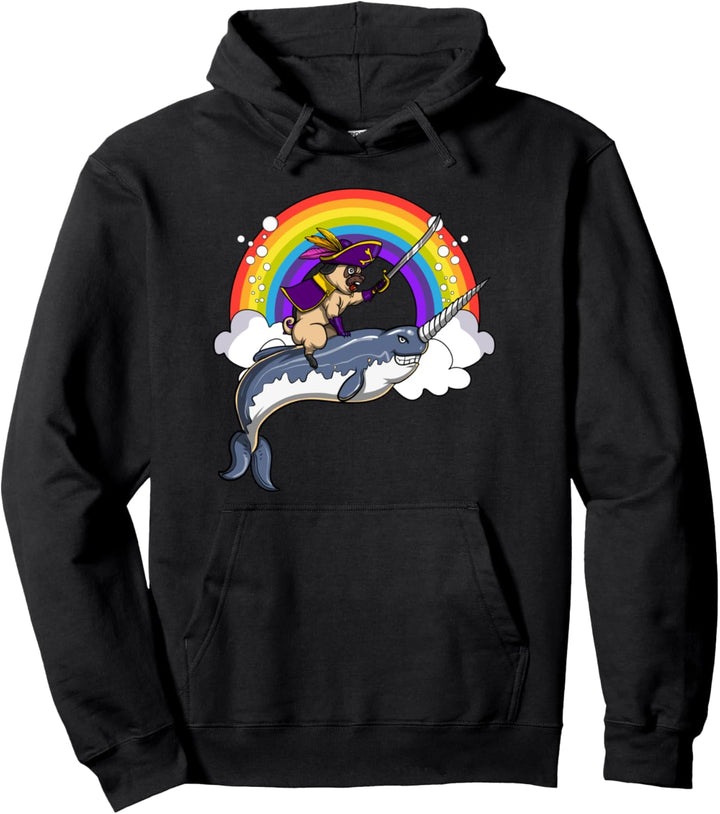 Mops Hund Pirat Reitet Auf Narwal Fisch Ozean Kinder Jungen Pullover Hoodie