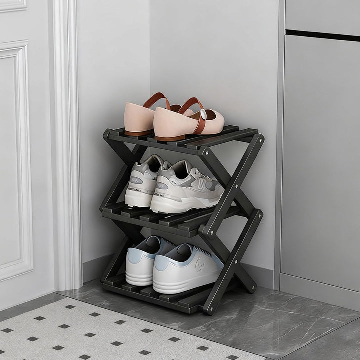 Kleines Schuhregal, schwarz, 3 Etagen, Bambus, faltbar, Schuh-Organizer, freistehendes Regal für Ein