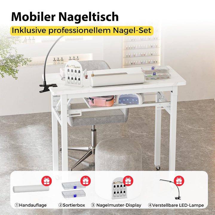 Tragbarer Nageltisch mit Staubabsaugung und LED-Lampe, Klappbarer Manikürtisch mit Tragetasche, Hand