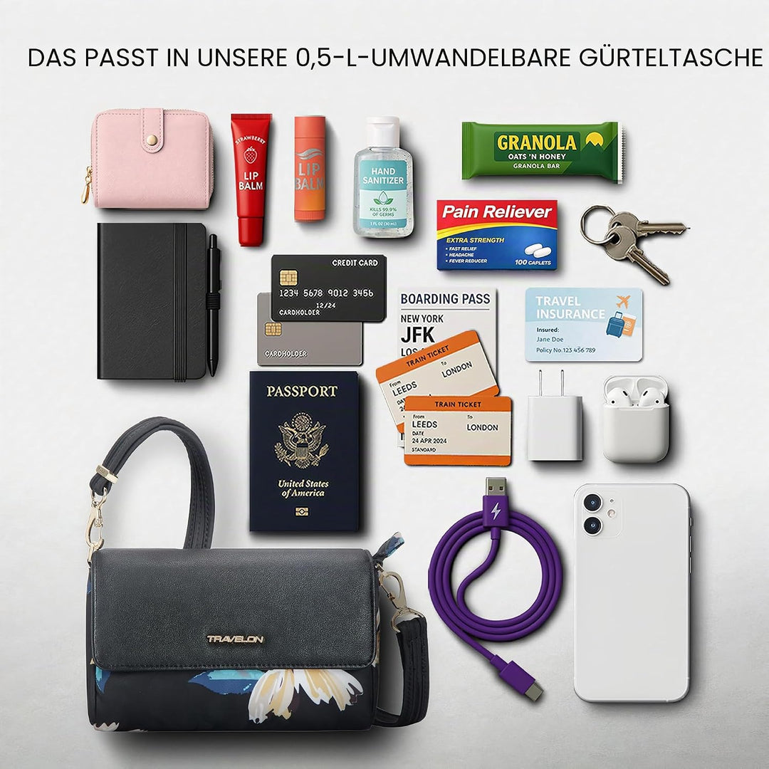 Travelon Addison Gürteltasche, Diebstahlschutz, umwandelbar, mit Blumenmuster, Einheitsgrösse Multic