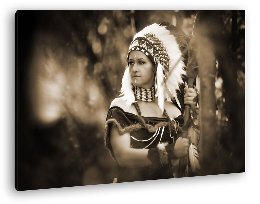 deyoli stolze Indianerin Format: 80x60 Effekt: Sepia als Leinwand, Motiv fertig gerahmt auf Echtholz
