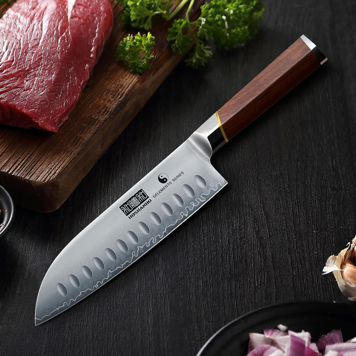HOSHANHO 7-Zoll-Santoku-Messer, professionelles scharf Kochmesser aus Kohlenstoffstahl, rasiermesser