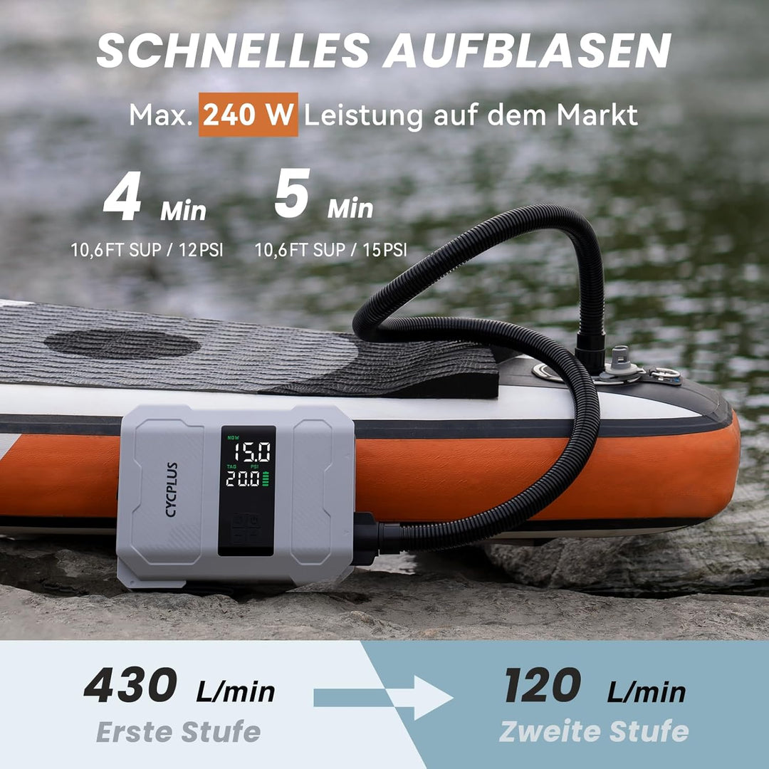 CYCPLUS SUP Pumpe, 20PSI, 5200mAh Akku, Aufpumpen &amp; Ablassen | Zwei-Stufen-Aufpumpen, Auto-Stopp &amp; D