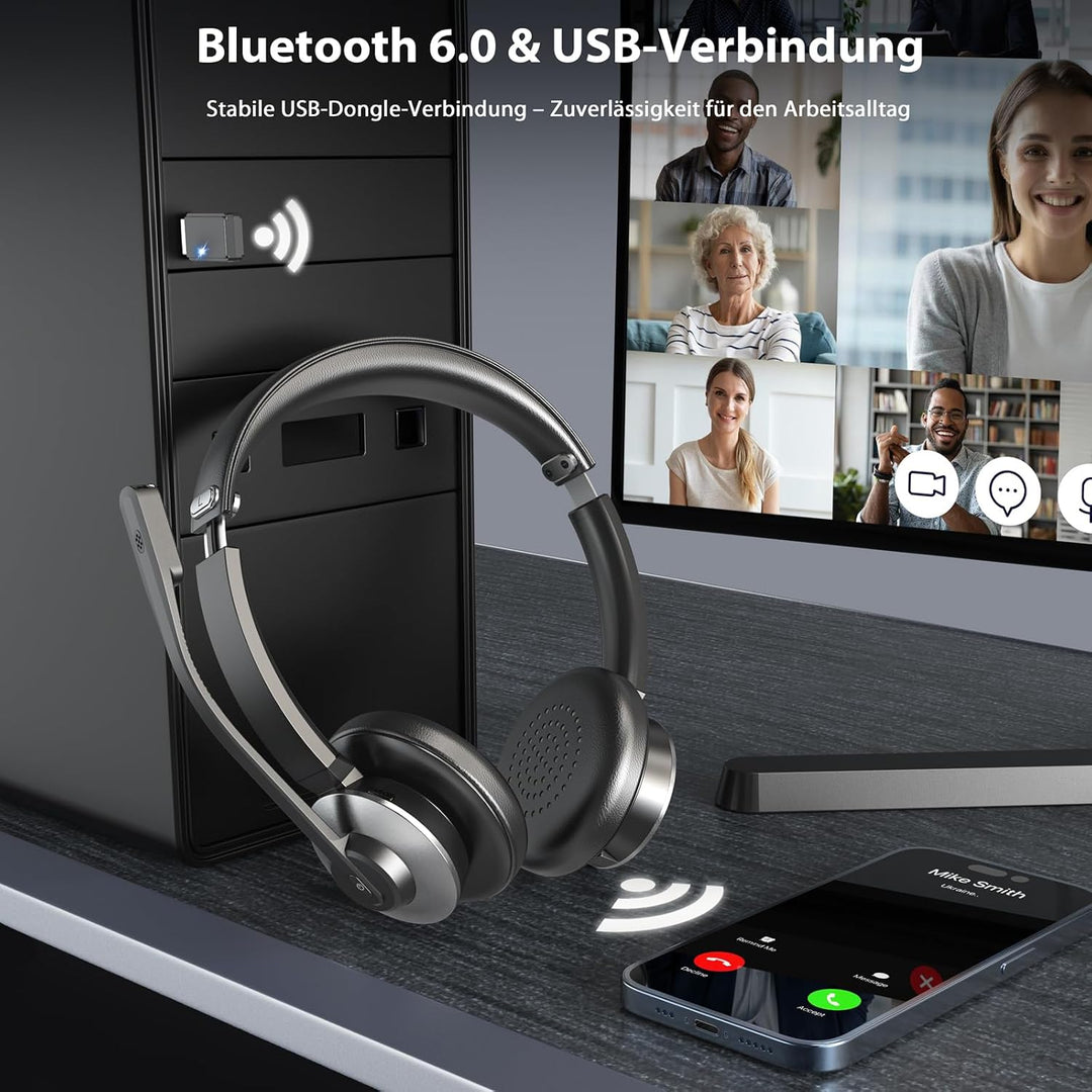 Bluetooth Headset mit Mikrofon, Kabelloses Office Headset mit ENC Mikrofon Black/Grey, Black/Grey