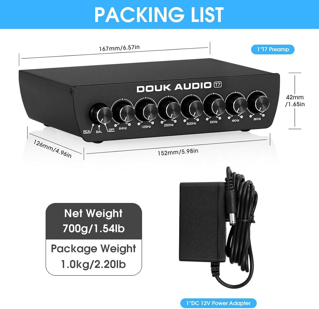 Douk Audio T7 7-Band Equalizer, Ausgewogener XLR/RCA Vorverstärker für Heimverstärker