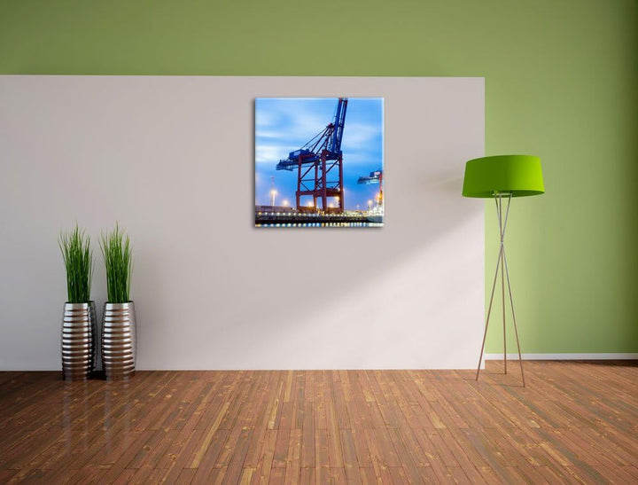 Containerkran im Hafen, Format: 70x70 auf Leinwand, XXL riesige Bilder fertig gerahmt mit Keilrahmen