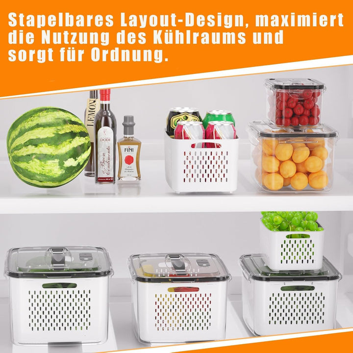 4er Pack Kühlschrank Organizer – Gemüse Aufbewahrung & Organisation, stapelbar mit Sieb, Deckel und