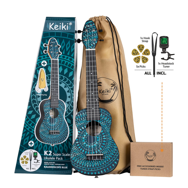 Ortega Guitars Sopran Ukulele blau - Keiki K2 - Starterkit inklusive Tuner, Gurt, 5 Medium Plektren