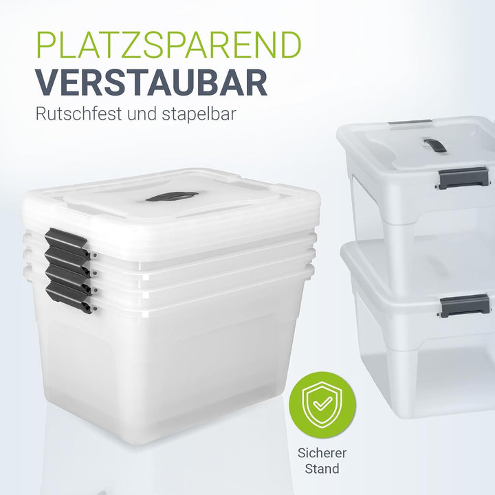 Juskys Aufbewahrungsbox mit Deckel - 4er Set Kunststoff Boxen 30l - Box gross, stapelbar, transparen