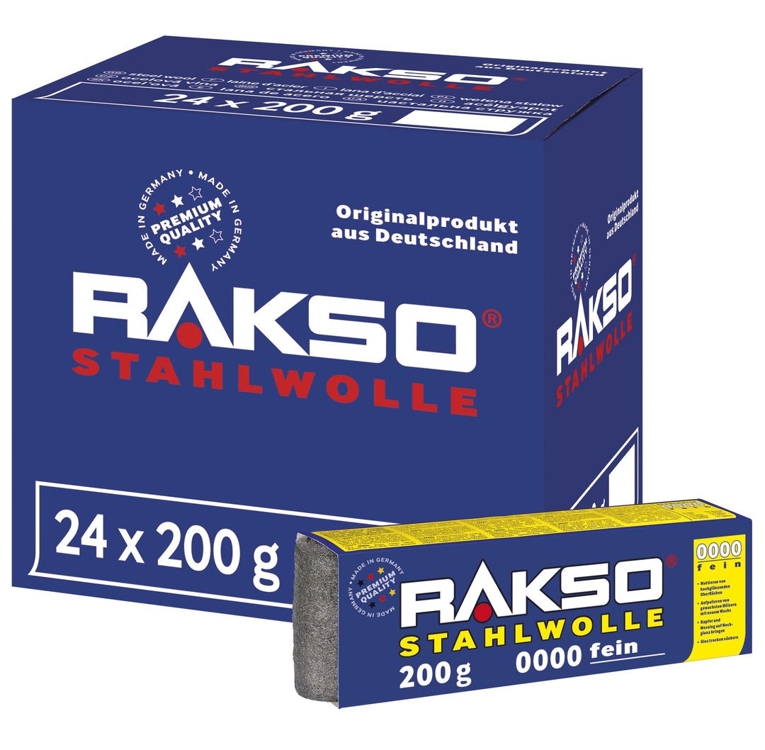 RAKSO Stahlwolle extrafein 0000-4,8 kg, 24 Banderolen à 200g, poliert gewachstes Holz, Kupfer, Messi