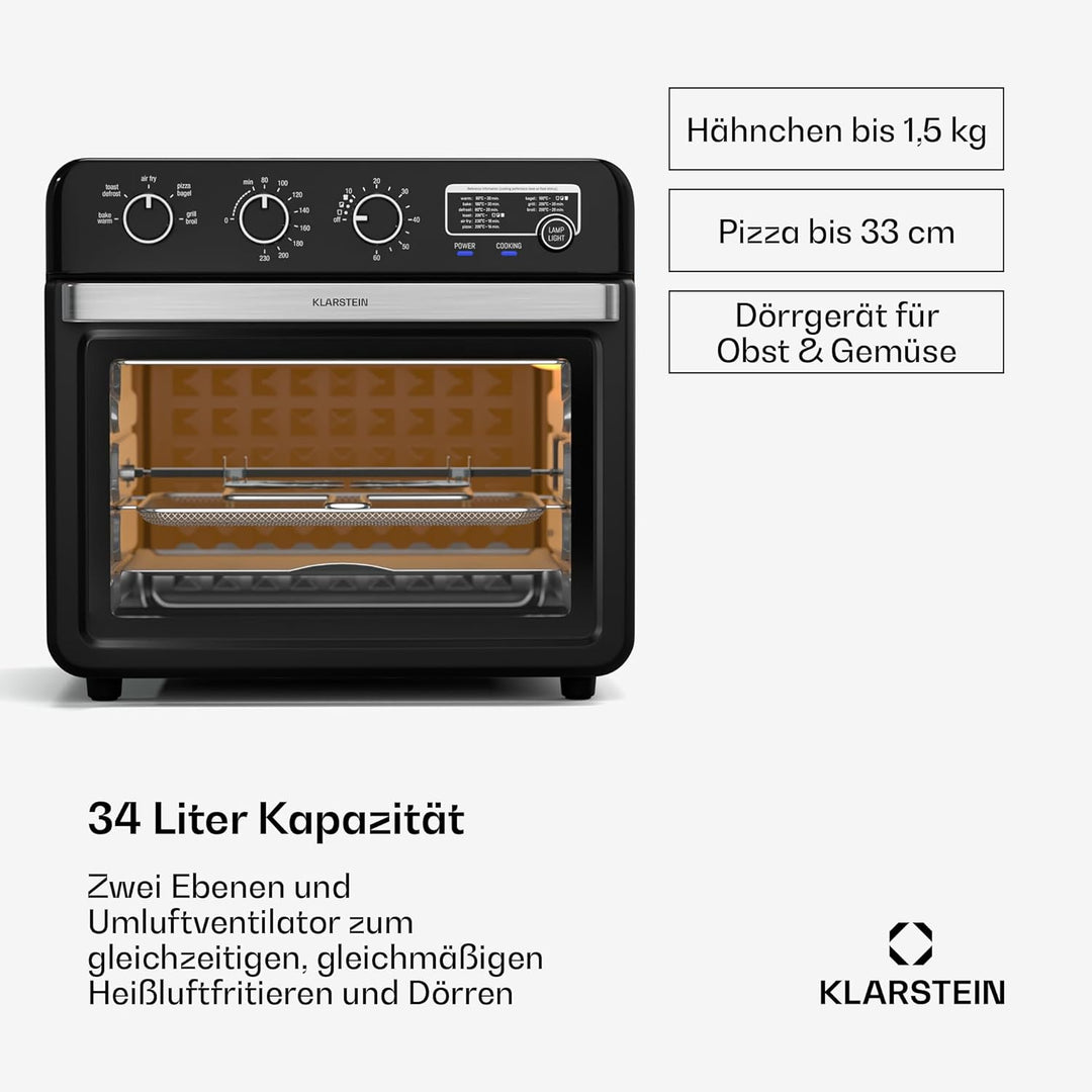 Klarstein AirGlaze Heissluftfritteuse – 34 L, 2000 W, 9 Programme, Drehknopfsteuerung, Rotisserie, P