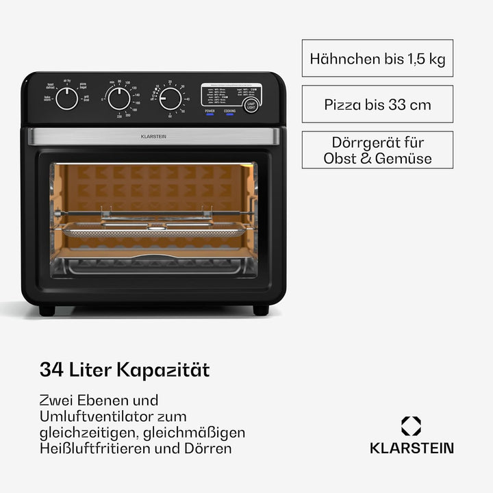 Klarstein AirGlaze Heissluftfritteuse – 34 L, 2000 W, 9 Programme, Drehknopfsteuerung, Rotisserie, P