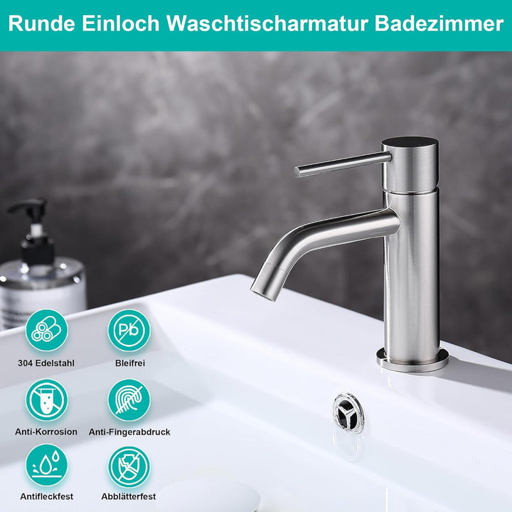Wasserhahn Bad Gebürstetes Nickel Edelstahl, Anti Korrosion Bleifrei Unterdruck Waschbecken Armature