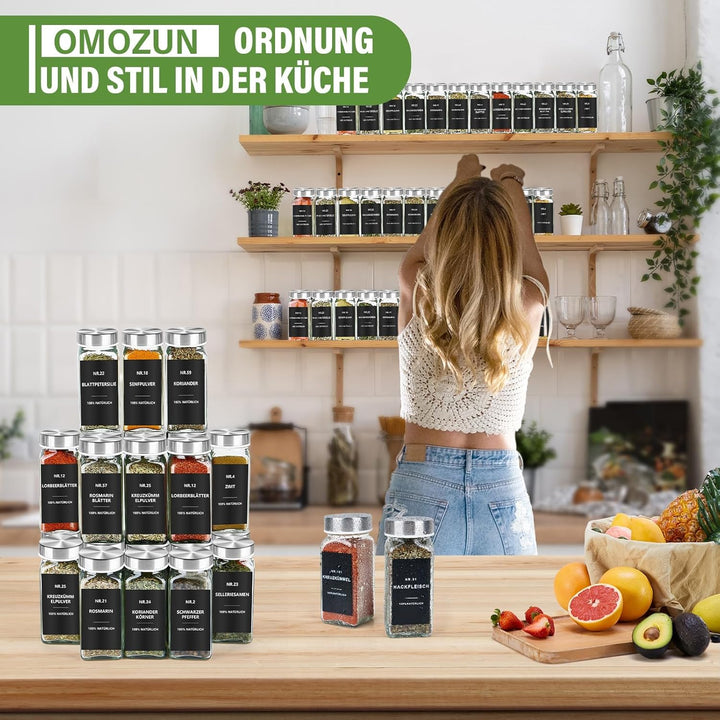 Gewürzgläser Eckig mit Etiketten Set 24er: Kleine Gewürzdosen Glas 120ml mit Streueinsatz Wasserfest