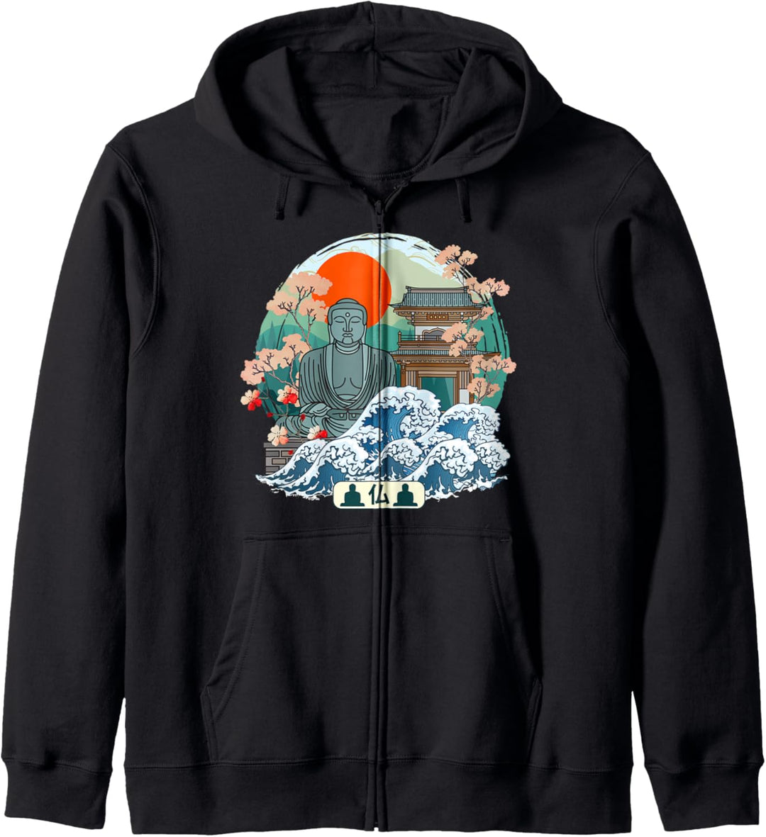 Japanischer Buddha, grosse Welle Kanagawa Japanische Vintage-Kunst Kapuzenjacke