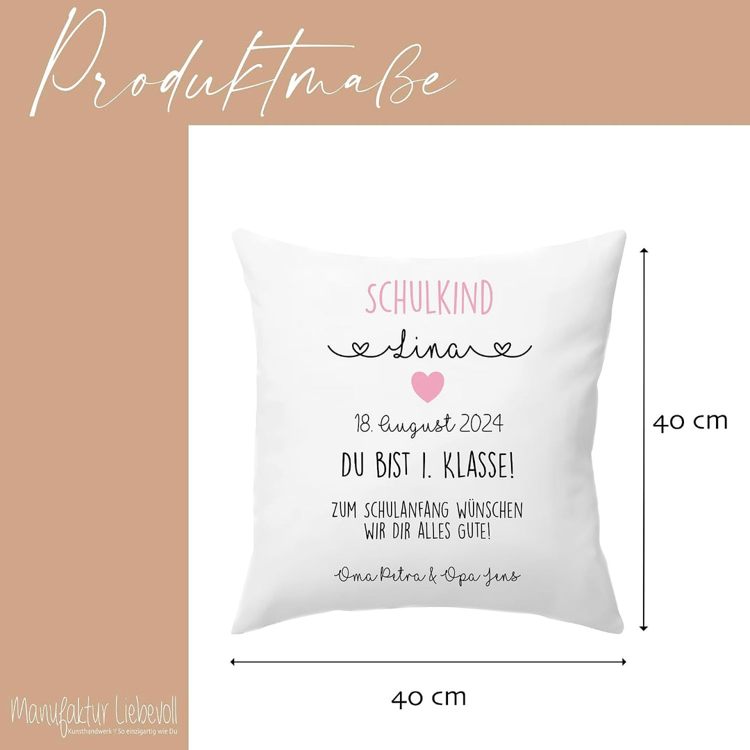 Geschenk zur Einschulung für Schulanfänger - Kissen mit Name und Einschulungsdatum des Erstklässlers