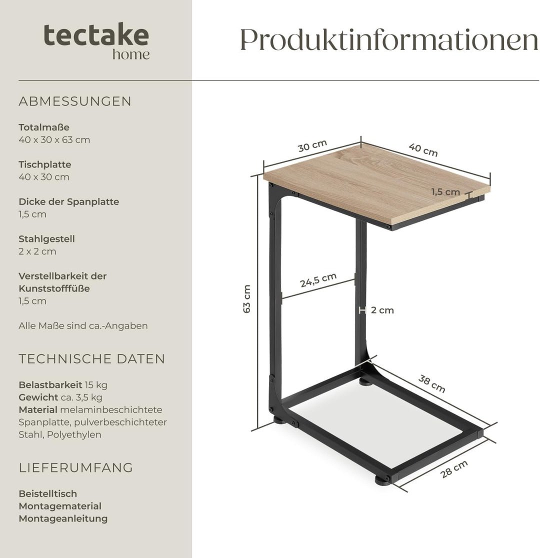 tectake® Beistelltisch Holz Metall, Wohnzimmertisch, Couchtisch C-Form, Laptoptisch für Couch, Bettt