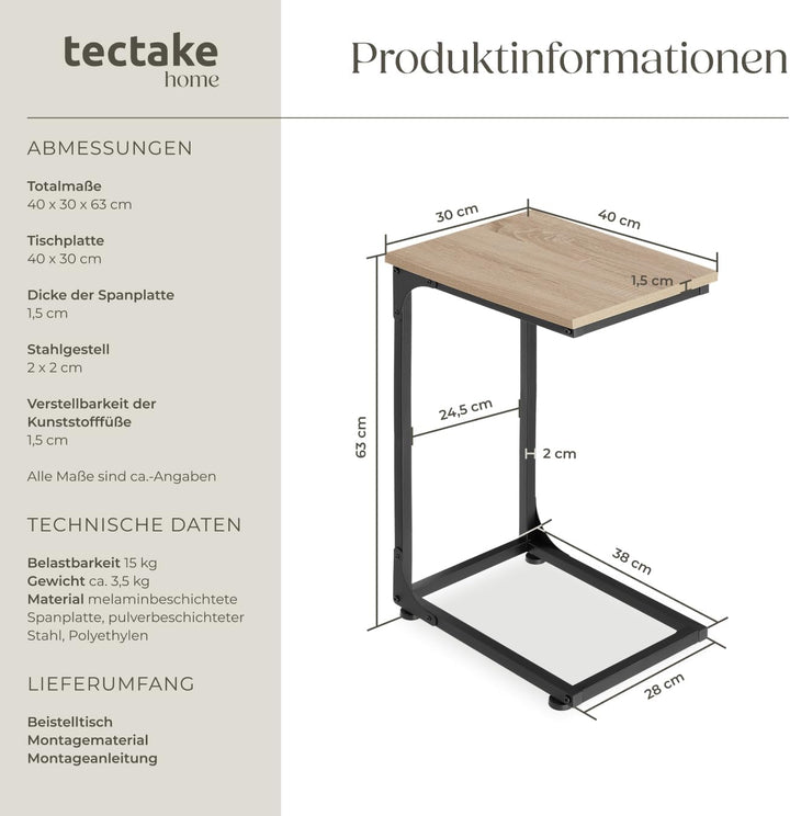 tectake® Beistelltisch Holz Metall, Wohnzimmertisch, Couchtisch C-Form, Laptoptisch für Couch, Bettt