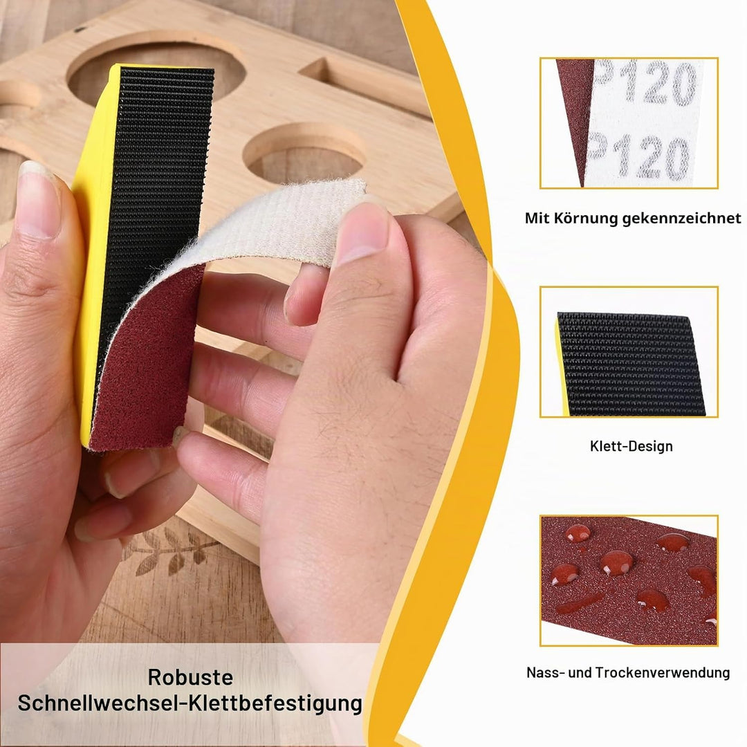 Shineboc 120 Stück Schleifpapier mit 90x30 mm Schleifklotz Set, Mini Schleifwerkzeuge, 40/60/80/100/