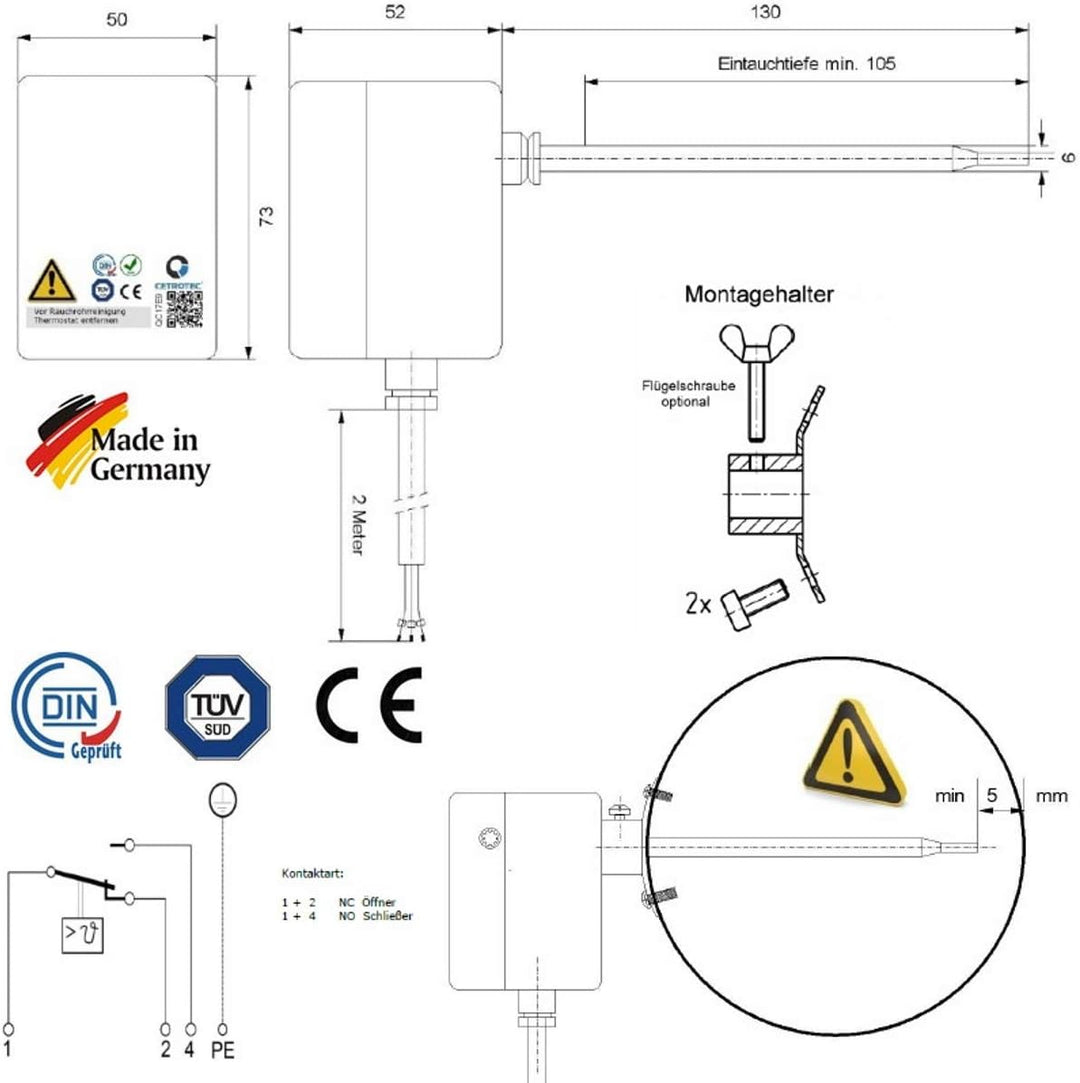 WITTKOWARE Abgastemperaturwächter/Thermostat, 16A/400V, 1 Wechsler, Schaltpunkt 50°C Schaltpunkt 50