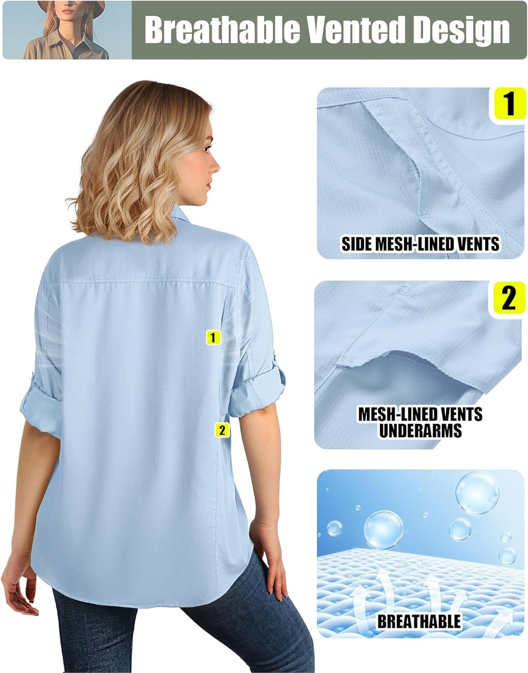 33,000ft Hemdbluse Damen UPF50 UV Schutz Hemd Schnelltrocknende Button-Down Shirts Atmungsaktive Wan