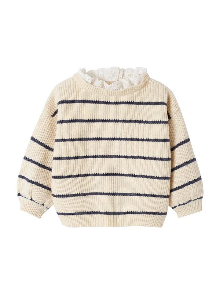 Vertbaudet Baby Pullover mit Volantkragen Geschwister-Capsule Wollweiss/Marine Gestreift Klassisch,