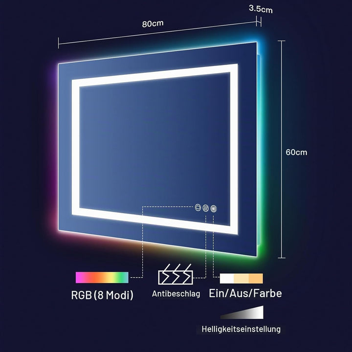 Dripex Badspiegel mit Beleuchtung Led Spiegel mit RGB LED Streifen, Farbwechsel, Touch-Schalter, Dim