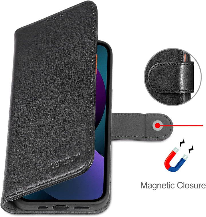 LENSUN Echtleder Hülle für iPhone 13 5G, Handyhülle [Echtes Leder][Magnetverschluss][RFID Schutz] Ha
