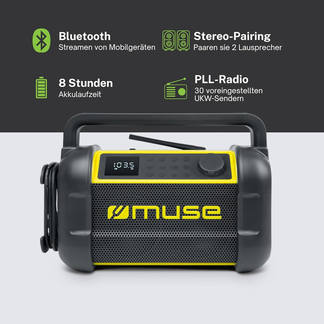 Muse M-928 BTY Baustellenradio, robust, Staub- und spritzwassergeschützt (IP64), mit Bluetooth und U