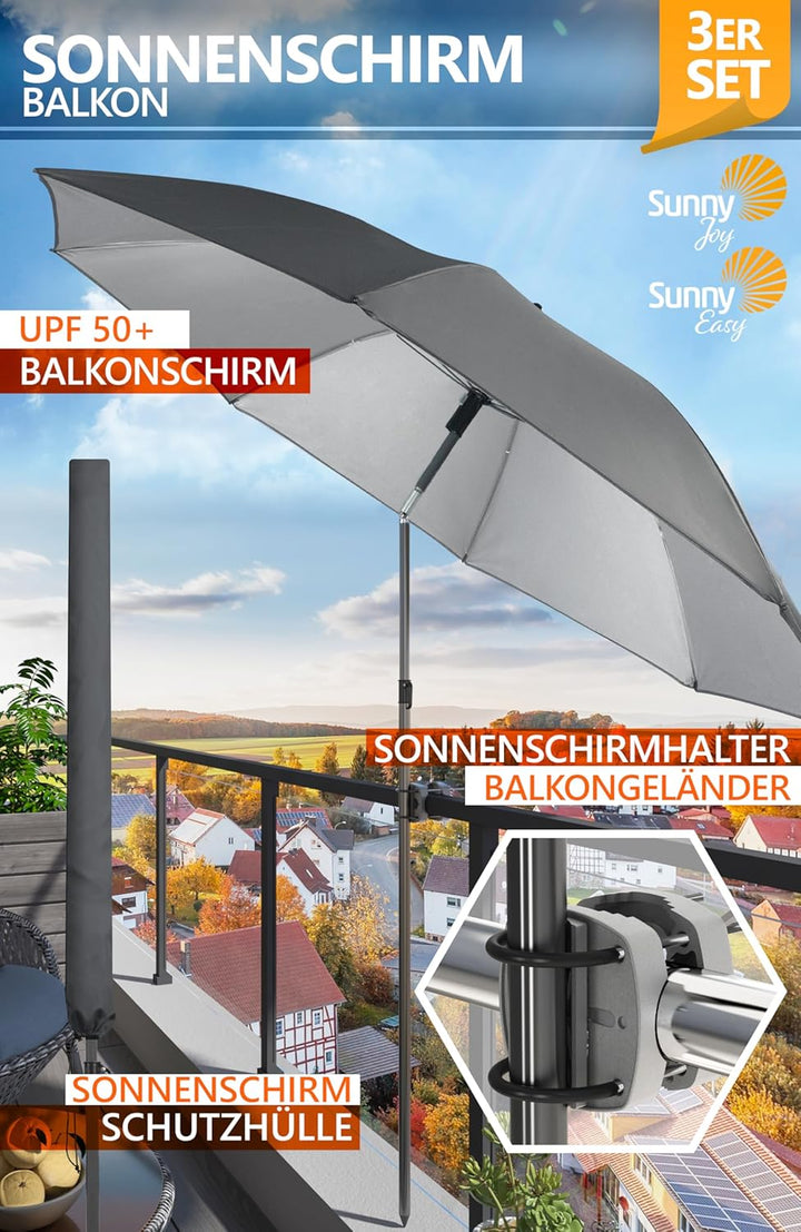 4smile SunnyJoy Sonnenschirm Balkon + Sonnenschirmhalter Balkongeländer + Sonnenschirm Schutzhülle -