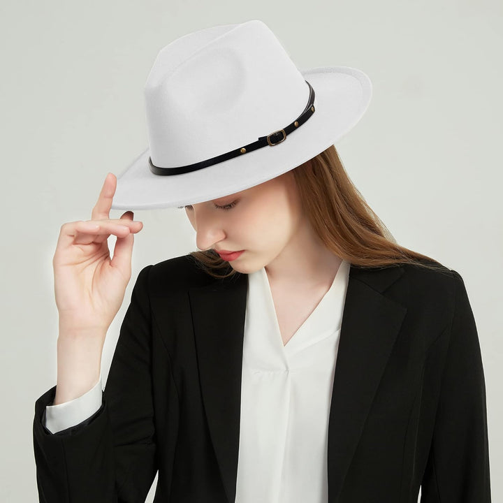 Wide Brim Fedora Hats for Women Men Two Tone Dress Hat Felt Panama Hat in Two Audlt Size L Weiss, L