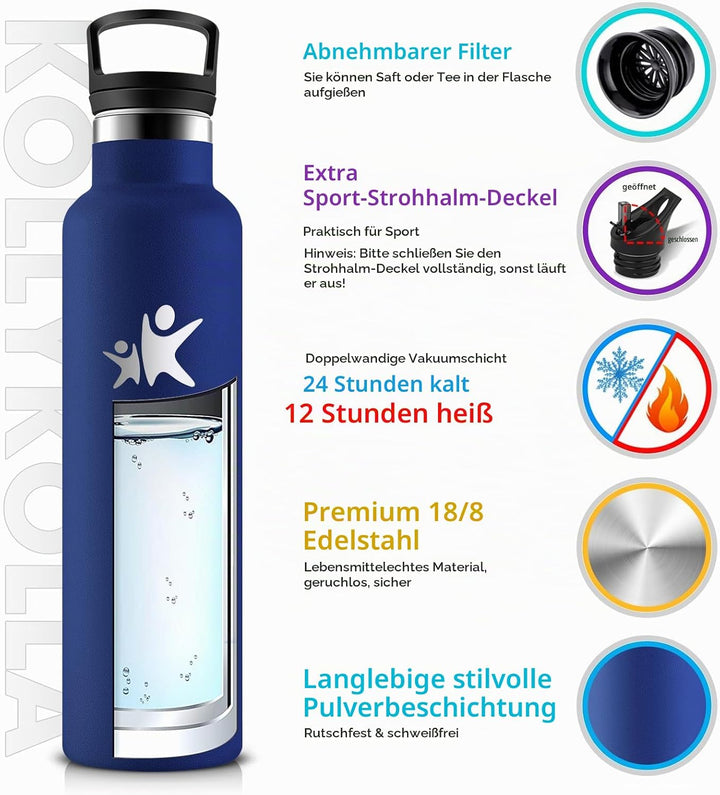 KollyKolla Trinkflasche Edelstahl 750ml, Isolierflasche mit Strohhalm, BPA-Frei, Kohlensäure Geeigne