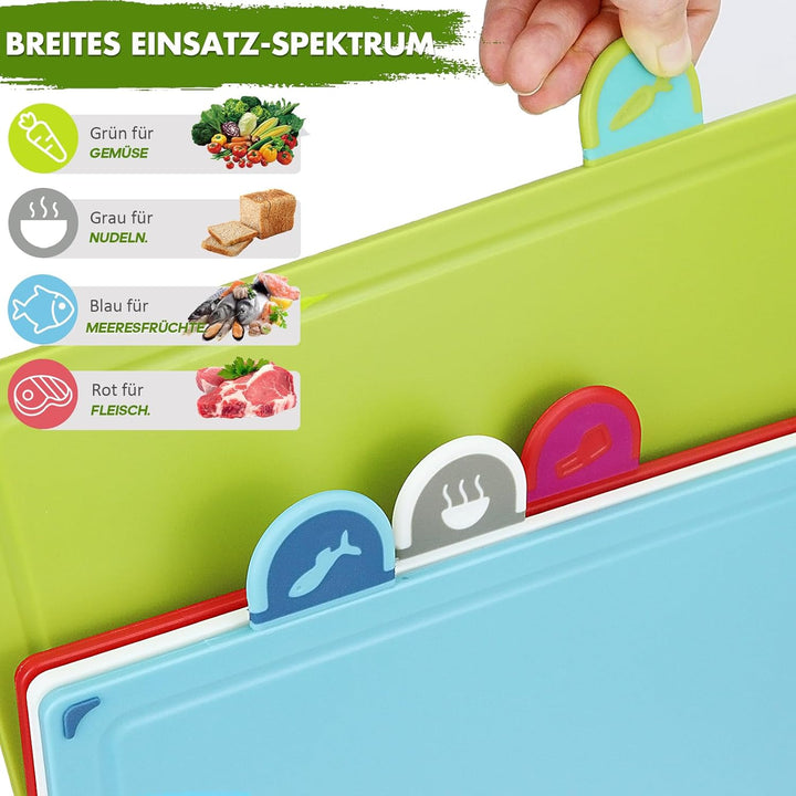 Schneidebrett Set, Farbe Kunststoff Schneidebretter mit Lebensmittel-Icons & Tablettboden, Rutschfes