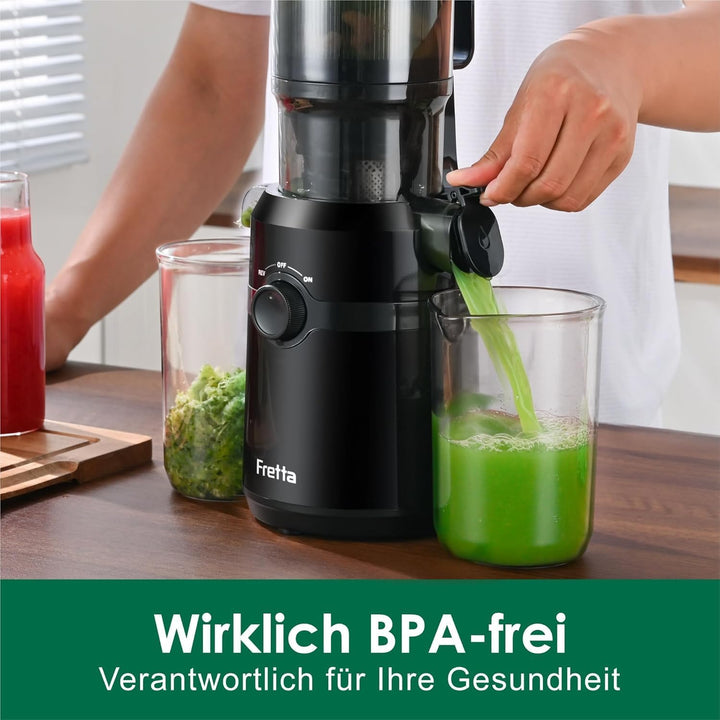 Fretta Entsafter,Slow Juicer mit 108MM Breite und Grössere Fütterungsröhre,1L Füllvolumen für ganze
